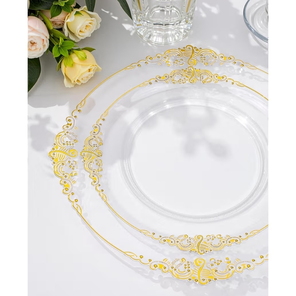 Party Dessert Plates with Gold Filigree - Clear with Elegant Gold Accents